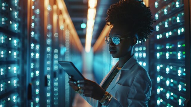 Woman in a white blazer uses a tablet in a server room lit with teal and orange lights