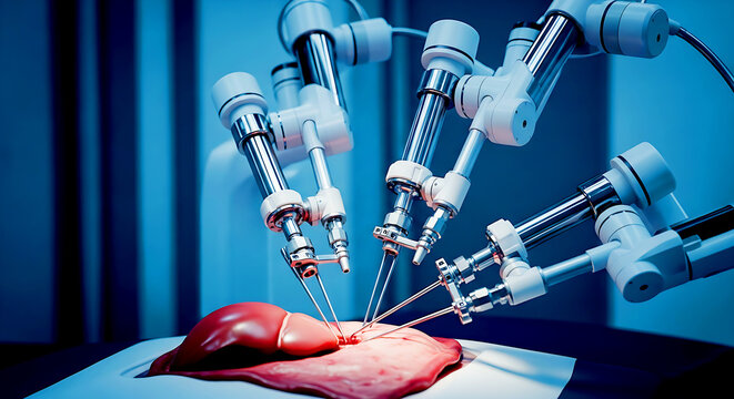 Modern robotic arms performing surgery in an advanced medical environment, representing precision medicine, automation, and healthcare innovation.