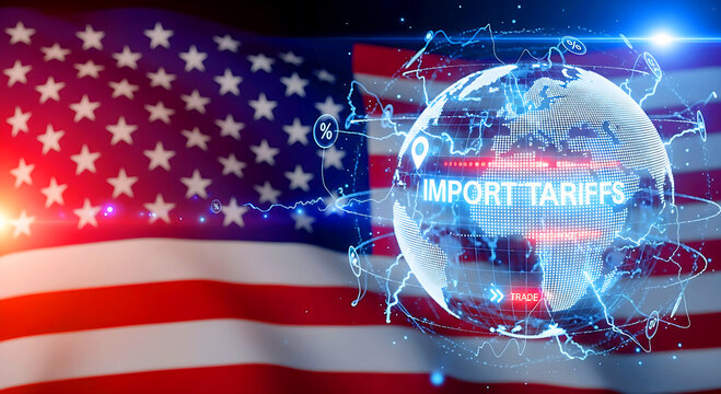 Abstract digital image showing the American flag and glowing holographic globe with data visuals and the text “Import Tariffs,” representing trade, economy, and global business.