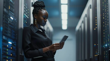 A young woman uses a tablet while standing in a server room