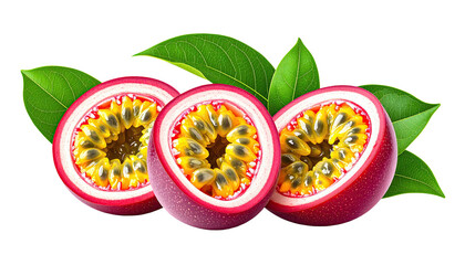 Halved passion fruits reveal seeds near green leaves on black