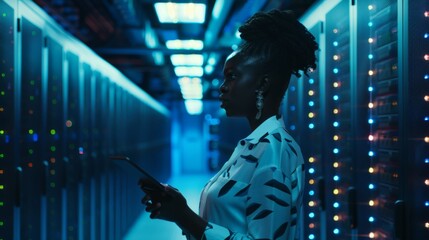Woman using digital tablet in a modern server room
