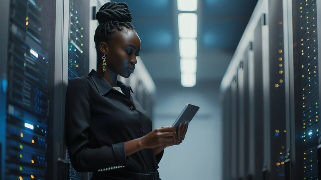 A young woman uses a tablet while standing in a server room