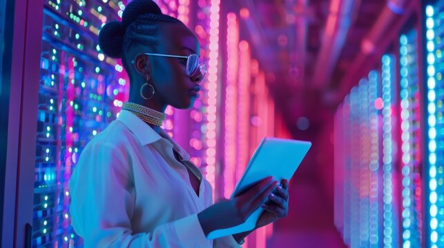 Woman in white shirt using tablet in a server room with neon lights - Powered by Adobe