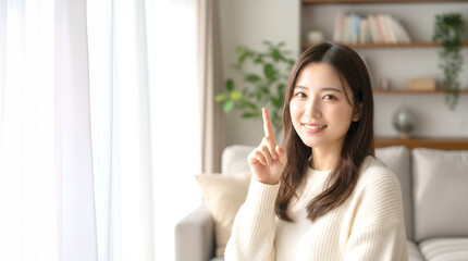 笑顔でピンポイントを教える若い女性と白いコピースペース　AI生成画像