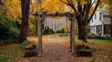 Boho style wedding arch with dream catchers in early autumn concept. A serene garden path adorned with autumn leaves and a rustic arch.