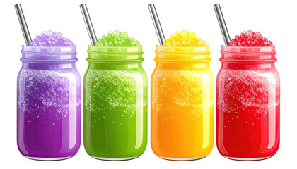 Row of colorful, frosty drinks in glass jars, with metal straws