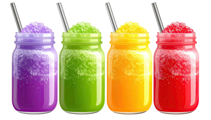 Row of colorful, frosty drinks in glass jars, with metal straws