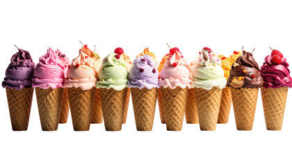 Row of colorful ice cream cones with cherries and sprinkles