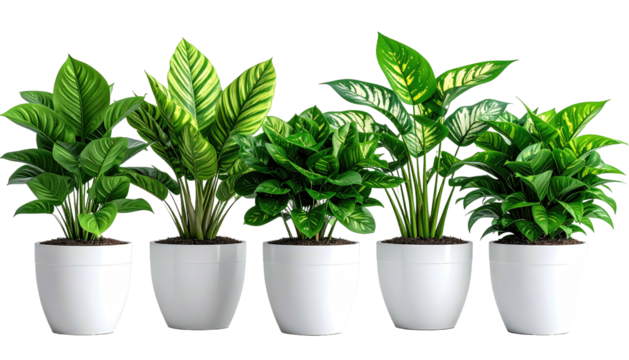 Five potted, leafy green plants in white pots, side by side - Powered by Adobe