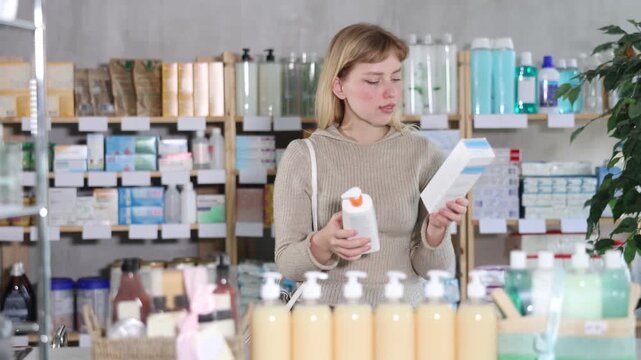 Girl in autumn clothes choosing skin cream at the drugstore. High quality 4k footage