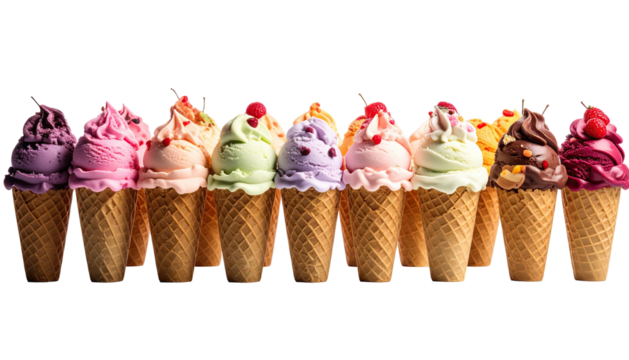 Row of colorful ice cream cones with cherries and sprinkles
