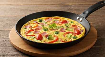 A skillet-cooked frittata, filled with colorful vegetables and ham, sits on a wooden board
