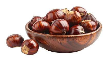 Shiny chestnuts fill a wooden bowl, one sits next to it