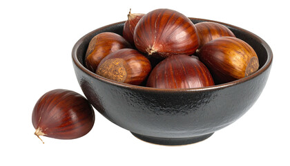 Chestnuts in black bowl, one separate. Sweet autumn treat