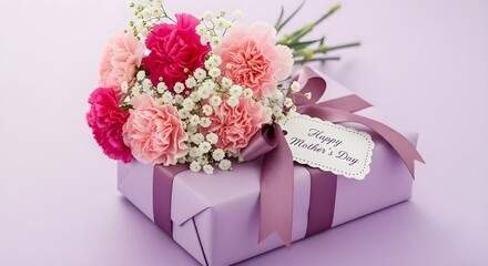 Obraz premium Carnation Bouquet on Mother's Day Gift, Pink Flowers and Purple Box, Thoughtful Present