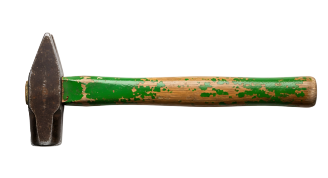 Metal hammer with chipped green wooden handle tool - Powered by Adobe