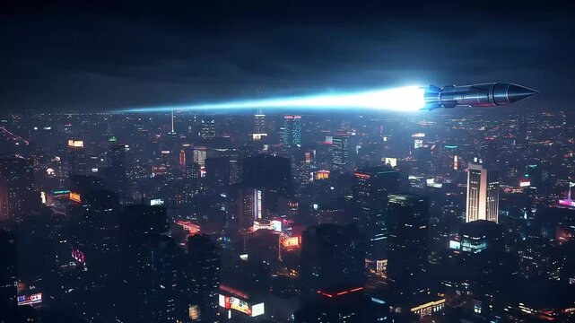 Rocket Launching Over City Skyline at Night