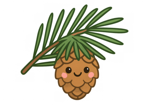 Happy kawaii pinecone character illustration with a smiling face and pink cheeks, celebrating nature and forest