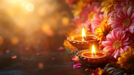 Colorful Diwali Floral Background with Glowing 3D Oil Lamps Diya and Copy Space 