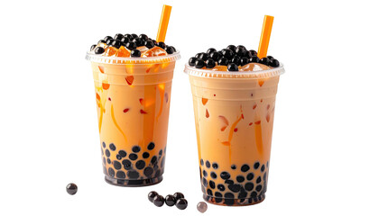Two bubble teas, vibrant orange color, and black boba pearls