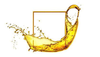 Golden liquid splashes through a geometric frame