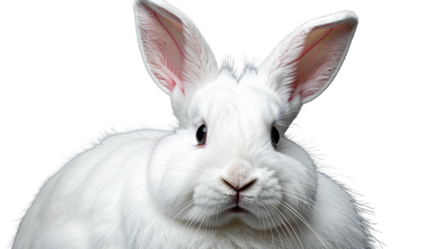 Fluffy white rabbit portrait on black. Eyes forward. Ears up