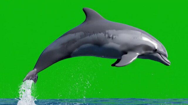 Majestic dolphin leaping from ocean water against a vibrant green screen for easy compositing