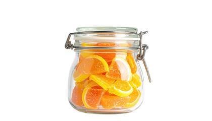 Orange-yellow candies inside a clear glass jar with hinged lid