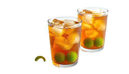 Two glasses of iced tea with fruit on black