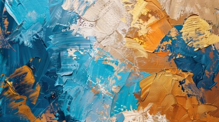 Abstract painting with dynamic brushstrokes in teal, gold, and beige