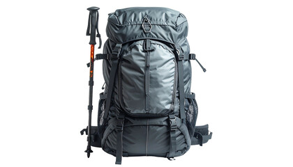 Gray backpack with hiking sticks isolated on black background