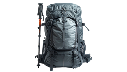 Gray backpack with hiking sticks isolated on black background