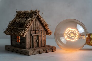 A miniature rustic wooden house with a thatched roof stands next to a large, glowing vintage incandescent light bulb.