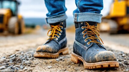 Close-up of steel-toe boots on active job site concept. Close-up of safety boots on a construction site, showcasing durability.