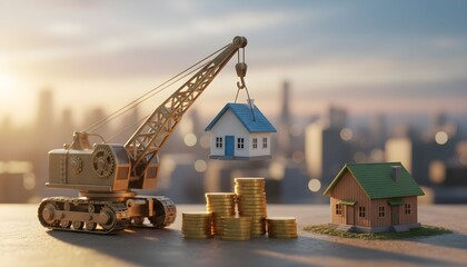 A construction crane lifts a small house above stacks of gold coins and another house, symbolizing real estate investment and development in a city.