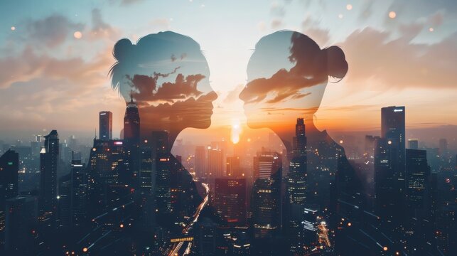 Silhouette of two women facing each other against a cityscape sunset