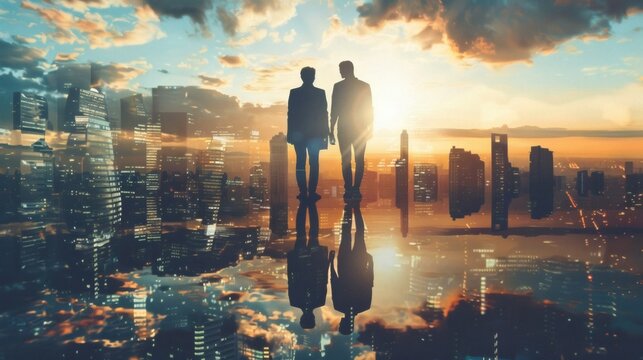 Silhouette of a couple holding hands, gazing at a cityscape at sunset