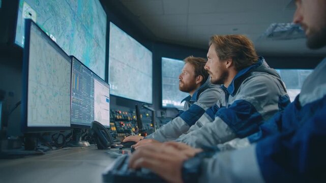 Air traffic controller control room with multiple computer screens monitoring flight data and emerging renewable markets technology analysis