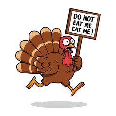 Running Turkey Mascot Holding Funny Sign Thanksgiving Holiday Food