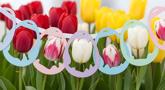 Colorful Tulips with Easter Egg Garland Decoration, Spring Flowers with Festive Paper Chain, Red, Yellow, and White Tulips with Pastel Decorations
