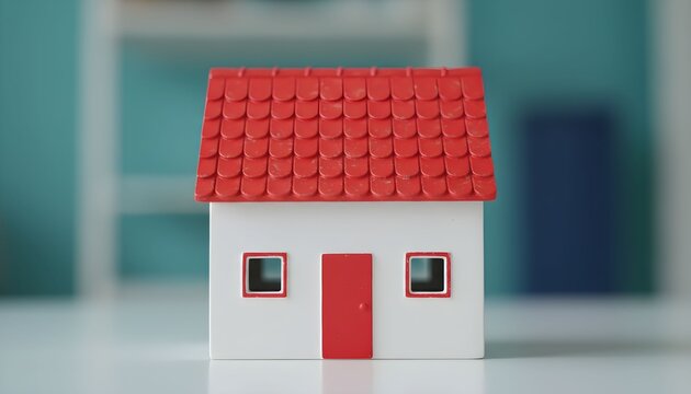 A small, white toy house with a red roof and red door, set against a blurred teal background. - Powered by Adobe