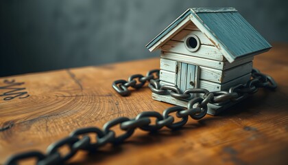 A small wooden model house is wrapped and bound by a heavy metal chain on a wooden surface, symbolizing debt and foreclosure.