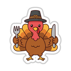 Cute Thanksgiving Turkey Pilgrim Hat Fork Knife Sticker