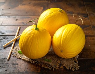 Three ripe yellow melons rest on burlap atop a dark wooden surface, accompanied by bamboo straws and leaves