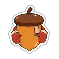 Cute Autumn Acorn Character Wearing Mittens Scarf Vector Sticker