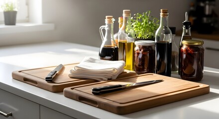 Kitchen Countertop with Cutting Boards and Condiments, Food Preparation Scene with Oils, Jars, and Knives, Cooking Ingredients and Wooden Boards in Sunlight