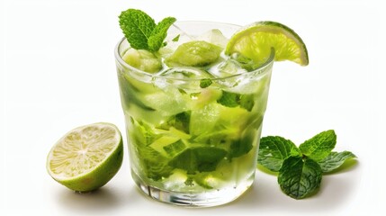 Refreshing lime and mint cocktail in a glass with ice