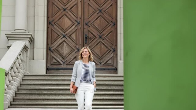 Woman in business attire walking down steps in front of large wooden doors