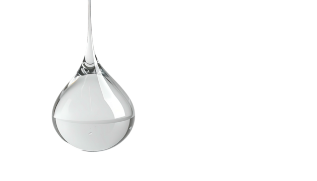 Clear drop hangs, luminous against a dark background